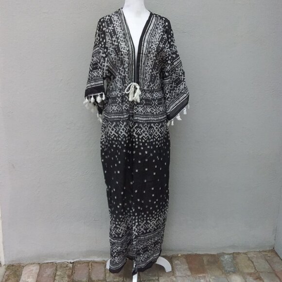 Beach by Exist Womens Boho Cotton Swim Coverup Sze L-XL Black-White Flowy Print - Picture 1 of 8